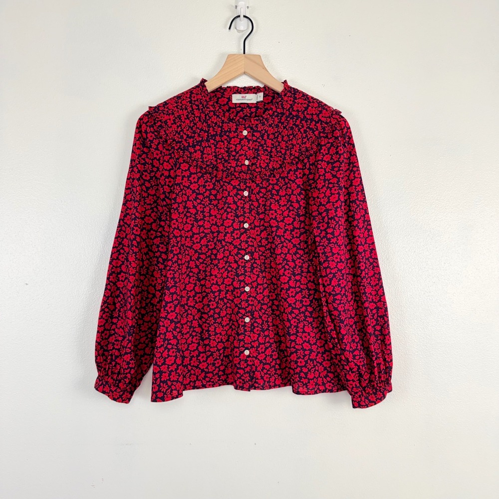 Vineyard Vines Floral Blouse Women 8 Red Ruffle Neck Pintuck Preppy Cottagecore